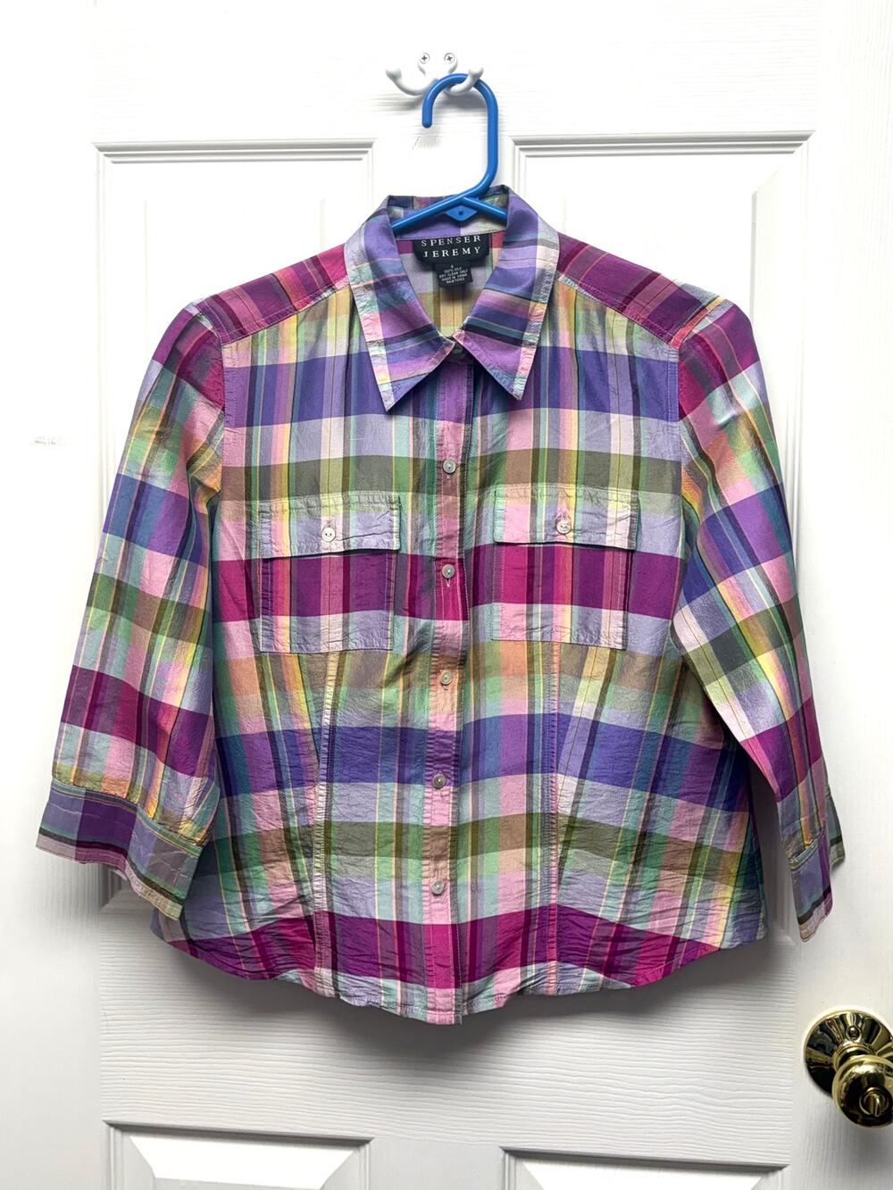 Spencer Jeremy Shirt 100% Silk Plaid Multicolor Y2K Button Front Women’s Size 6